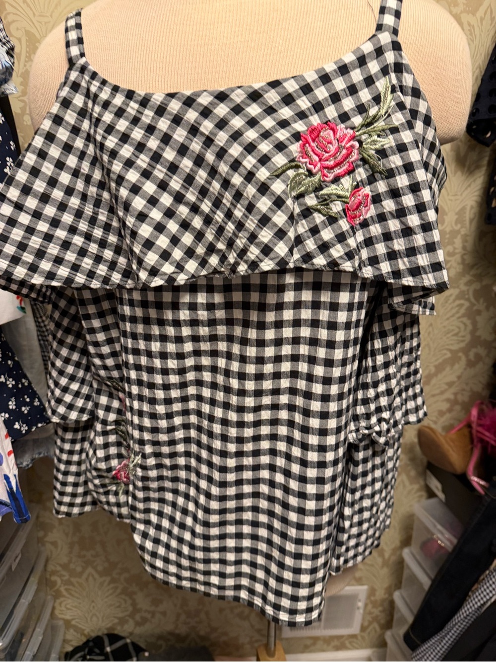 Black & White Gingham Off-Shoulder Top with Pink Rose Embroidery